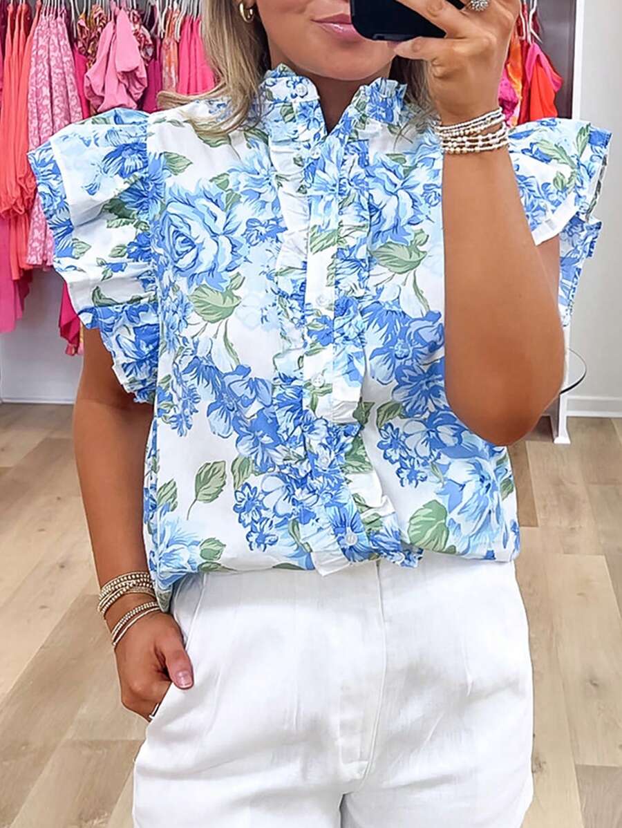 Women's Floral Print Double Layer Ruffle Cuff Button Down Shirt, Suitable For Vacation/Casual/Work, Ruffle Sleeve Design - Blue - View 1