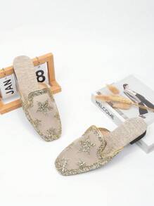 Gold, Silver, Black Glitter Star Decor Square Toe Mules Women, Low Heel Slip-On Mesh Breathable Closed Toe Backless Flat Slide Sandals For Summer Dresses