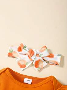 Baby Girl Peach Outfit, Letter Print Long Sleeve Romper Elastic Waist Flare Pants Tie Headband 3 Piece Set For Fall - Orange - View 3