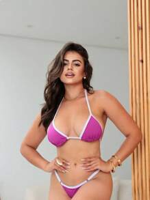 Conjunto Biquíni De Fita  Feminina Bicolor Verão - roxo com branco - Visão 1