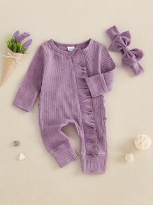 Baby Girl Spring Fall Winter Clothes Newborn Baby Girl Hospital Going Home Outfit Ribbed Footed Romper Bow Print Long Sleeve Full Length Ruffle Zipper Footie Jumpsuit Headband - 紫色 - 查看 5