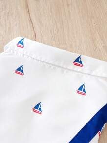 1 件海洋主题帆船全印花背带配绅士风格领结，适合小型/中型宠物的夏季衬衫 - 藍白色 - 查看 7