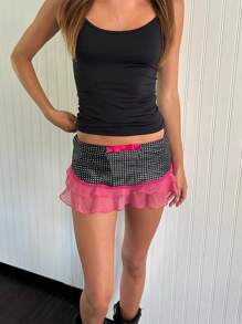 Womens Y2K Lace Mini Skirt Low Rise Pleated Ruffle Half Slip Skirt Mesh Floral Layered Short Skirts Underskirt Fairycore Bow Front A-Line Skirts Cute Summer Skirts Beach Vacation Clothes Vintage Aesthetic Club Streetwear - 黑色 - 查看 5