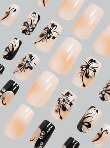 24pcs Spring/Summer Nail Stickers Set - Medium Square, Black & White French Stiletto, Decorated With 3D Rhinestones & Butterfly Patterns, Glossy Finish - Includes Jelly Gel And Nail File For Easy Application. Jelly Gel Shipped Randomly. Nail Art Supplies. - Black and White - View 4
