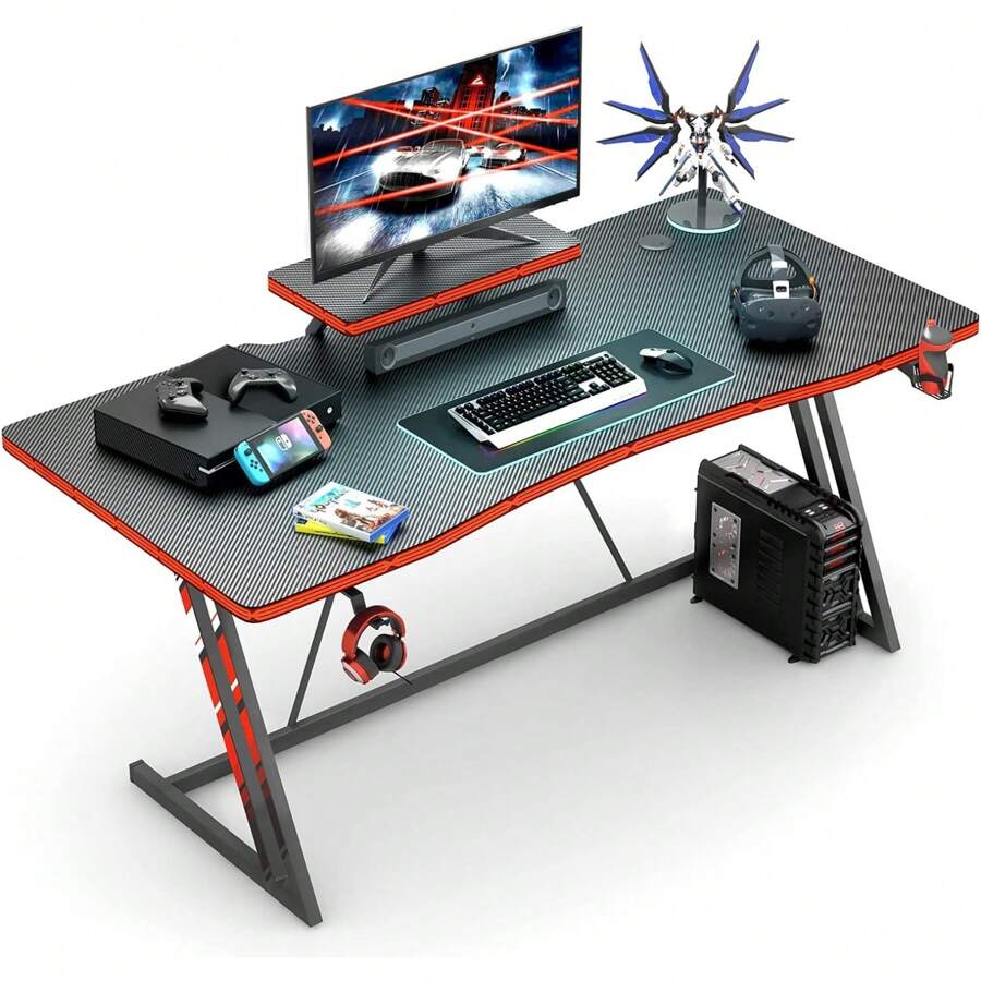 55 Inch Gaming Desk PC Computer Table Racing Style Home Office Desk Z Shaped Carbon Fiber Desktop Gamer Workstation With Monitor Stand Cup Holder And Headphone Hook (55 Inch) - 55 Inch - View 1