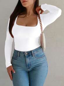 Vaiaye Women's Spring/Summer Y2K Square Neck Long Sleeve Fitted T-Shirt, Solid Color Sexy Top, Suitable For Valentine's Day - White - View 9