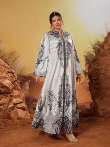 新款加大码优雅立领阿巴雅长袍，镶嵌水钻饰钉和珠子，多色中东风格长款端庄阿巴雅 - 彩色 - 查看 5