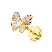 ORAZIO 1 pieza Pendientes de cartílago con diseño de mariposa y flor de acero quirúrgico con parte trasera plana y ópalo para perforación de trago y hélice, joyería para piercing