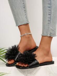 Women's Black Strap Beach Slippers, Fashionable Handmade Rhinestone Dotted Mesh & Floral Decor Flat Sandals