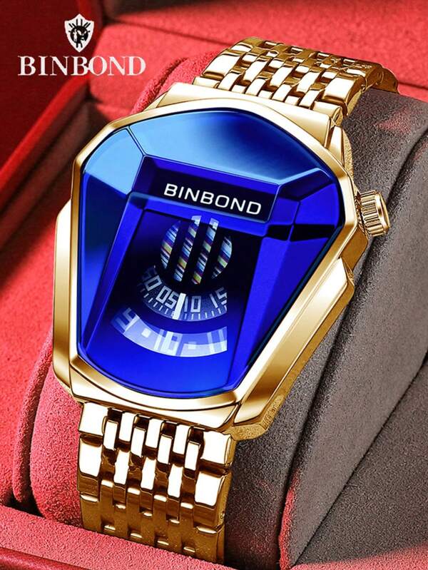 BINBOND Montre à quartz personnalisée nouvelle conception BINBOND, montres mode créatives pour hommes en acier inoxydable doré bleu, étanche pour hommes