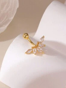 1pc 18K Stainless Steel 5-Petal Flower Zirconia Navel Piercing Ring, Elegant Design Suitable For Women's Everyday Wear - Gold - View 3