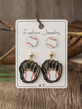 2 Pairs Sports-Themed Wooden Earrings Set, Baseball & Glove Design, Sport & Campus Style, Perfect All-Season Gift For Baseball Fans