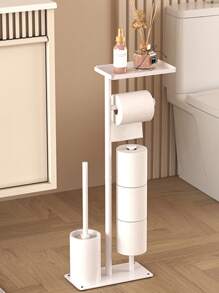 1 pieza Soporte de pie para cepillo de inodoro, Estantería de almacenamiento multifuncional para vehículo recreativo, Portarollos de papel higiénico vertical con estantería de almacenamiento, Estantería de almacenamiento de papel de cocina sin perforación para baño, Estantería de limpieza del piso desmontable con soporte para rollo de papel higiénico