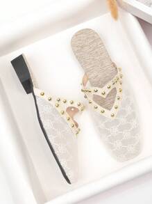 Green & Gold Decor Square Toe Slip-On Low Heel Flat Sandals For Women, Mesh Breathable Closed Toe Mules, Lace Net Fabric, Wear With Dresses, Casual Summer Slippers