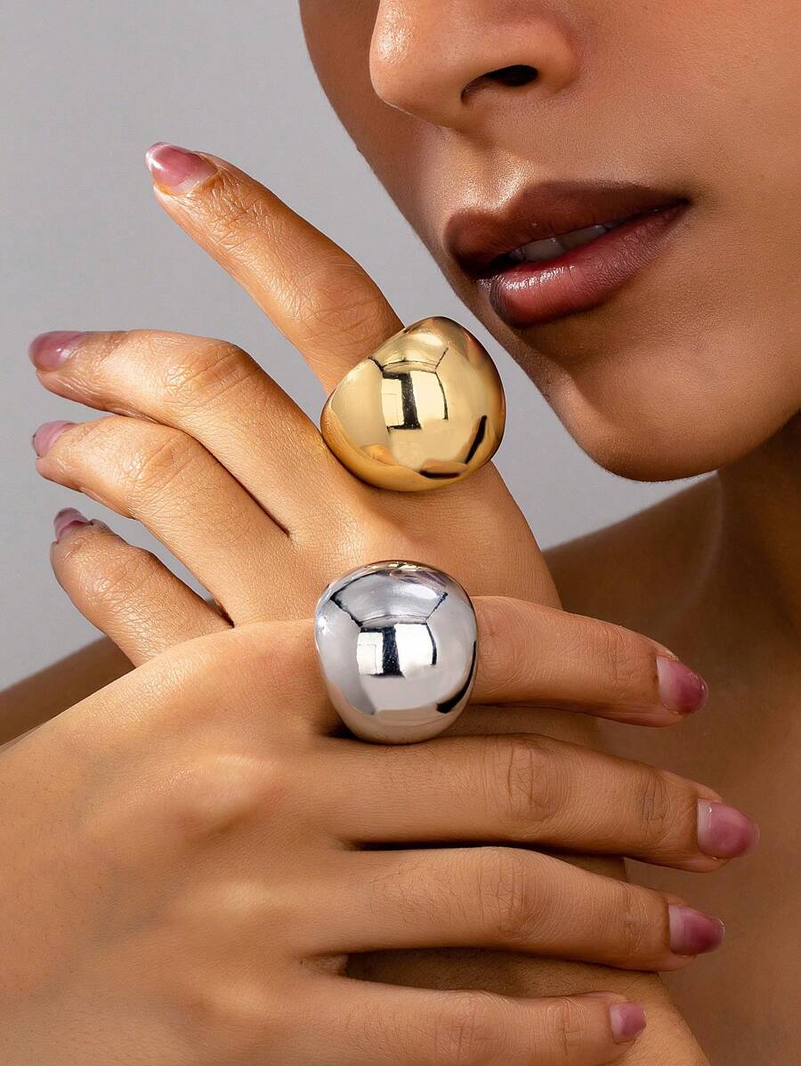 1 件夸张宽泡泡球圆形切片液体熔岩金属饰面戒指，泪珠开口圆顶高端女士日常/派对/节日戒指 - 圓球 - 查看 1