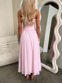 Women Long Dress Solid Color Frills V-Neck Tie-Up Front Sleeveless Cami Dress Summer Fashion Casual Dress