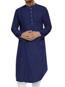 Men's Kaftan Thobe Cotton Linen Henley Shirt Long Sleeve Robe Casual Muslim Kurta Gown - 藏蓝色 - 查看 2