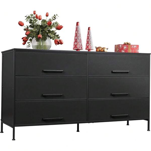 6 Drawer Dresser For Bedroom, Wide Fabric Dresser TV Stand For  TV With Metal Frame, Wooden Top, Chest Of Drawers, Dressers For Living Room, Hallway,