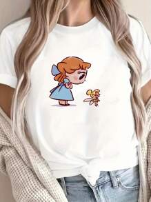 Women's Y2k Sweet Hip Hop Graphic Princess Valentines Day T-Shirt, 220gsm Round Neck Casual Heavy Pure Cotton T-Shirt (1 PC) - לבן - ראה 1