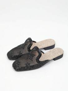 Women's Sequin Star Decoration Square Toe Slip-On Low Heel Flats, Gold/Silver/Black, Mesh Breathable Closed Toe Summer Mule Sandals Can Wear With Dress