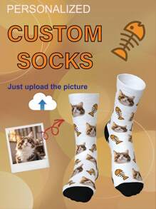 1 Pair Of Customized Crew Socks,Custom Pet Portrait Socks, Custom Photo Sock, Custom Printed Socks, Personalized Funny Face Socks, Custom Picture Socks, Put Any Face On The Socks, Anniversary Gift, Valentine Gift, Birthday Gift, Wedding Gift, Mother's Day Gift - Multicolor - View 1
