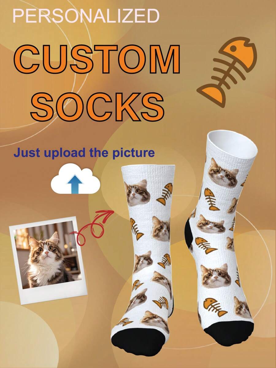 1 Pair Of Customized Crew Socks,Custom Pet Portrait Socks, Custom Photo Sock, Custom Printed Socks, Personalized Funny Face Socks, Custom Picture Socks, Put Any Face On The Socks, Anniversary Gift, Valentine Gift, Birthday Gift, Wedding Gift, Mother's Day Gift - Multicolor - View 1