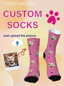 1 Pair Of Customized Crew Socks,Custom Pet Portrait Socks, Custom Photo Sock, Custom Printed Socks, Personalized Funny Face Socks, Custom Picture Socks, Put Any Face On The Socks, Anniversary Gift, Valentine Gift, Birthday Gift, Wedding Gift, Mother's Day Gift - Multicolor - View 5