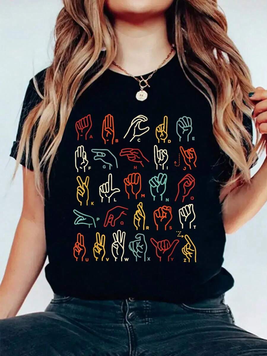 ASL ABC American Sign Language Alphabet Retro Deaf Awareness T-Shirt 100% Cotton, Breathable & Comfort Fit, Short Sleeve Women T Shirt Crew Neck Top For All Seasons - 黑色 - 查看 1