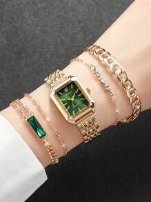 5 pièces/set Montre-bracelet à quartz avec cadran carré pour femme avec bracelet en acier + bracelet, design classique, sans boîte de montre incluse