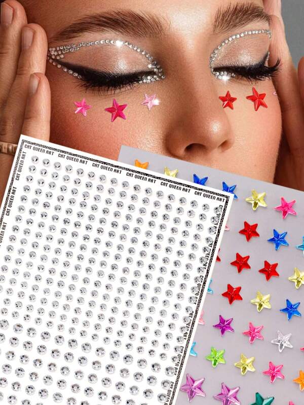 2pcs 3D Multi-Colored Rhinestone Five-Pointed Star Stickers, Suitable For Eyes, Nails, Face Decoration, Suitable For Music Festivals, Carnivals, Valentine's Day, Y2K Style Parties, Daily Decoration, Makeup Parties, Balls And Other Occasions, Can Be Used For Hair, Eyes, Face, Body Decoration