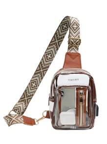 迷你 PU 斜挎包 女士透明胸包 USB 大容量 PVC 腰包 轻便复古 透明沙滩包 斜挎包 西式包 - 棕色 - 查看 5