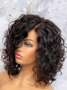 180% 密度短卷发人发假发 适合女孩 4x4 蕾丝闭合短波波头假发 带自然发际线 自然黑色侧分卷发假发 巴西处女雷米头发 预拔漂白结