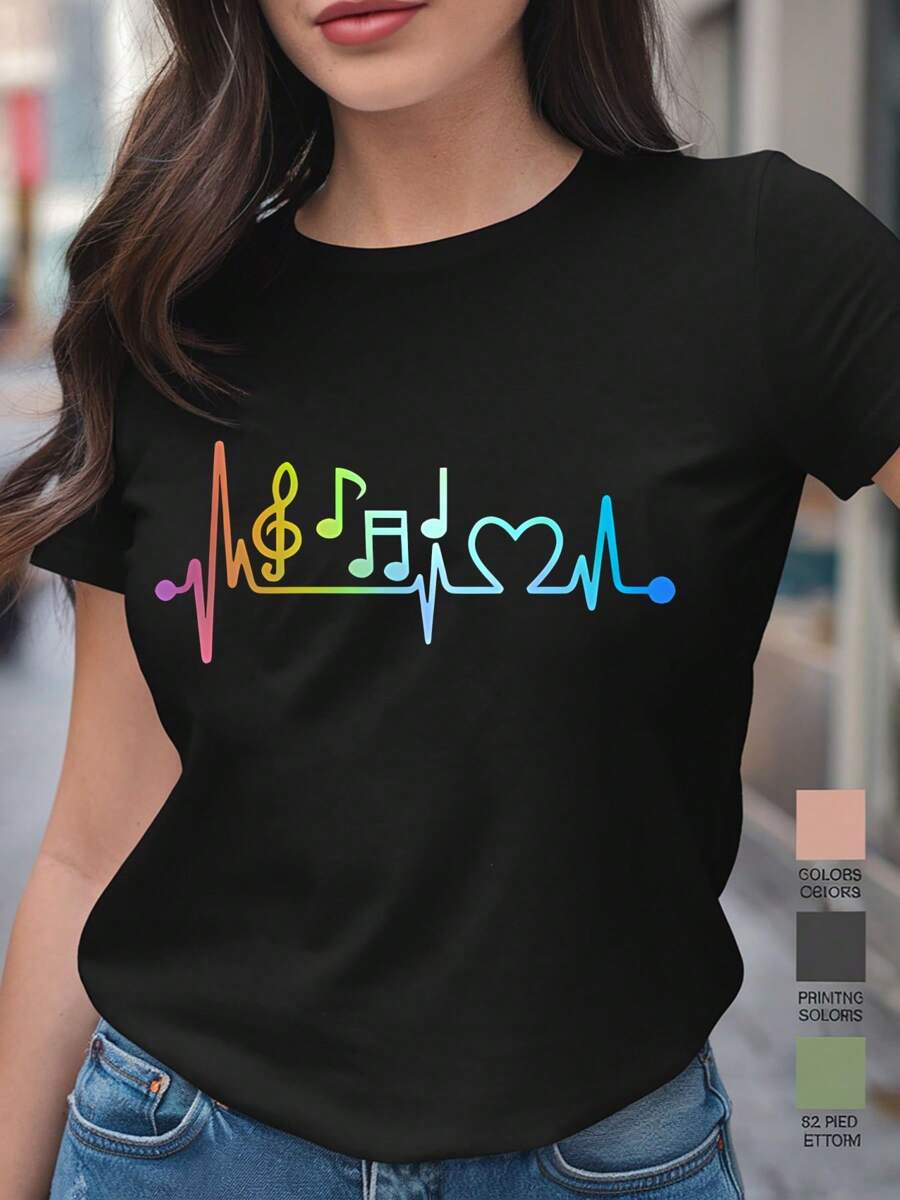 Women's Music Lovers Clothing Valentines Day T-Shirt, 220gsm Round Neck Casual Heavy Pure Cotton T-Shirt (1 PC) - 黑色 - 查看 1