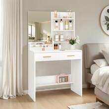 HEXCELEN Dressing Table With Mirror, Dressing Table With 4 Open Shelves And 2 Compartments, Dressing Table With 2 Drawers, For Bedroom, Living Room - White - View 2