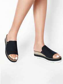 Women's Outdoor Platform Sandals Slip-On Espadrille Bohemia Wedge Sandals Comfort Dressy Open Toe Canvas Slides For Walking Beach Vacation Summer Shoes - 黑色 - 查看 3