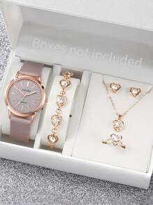 Women's Fashion Elegant Minimalist Matte Dial Analog Quartz Wrist Watch + Jewellery Set (6pcs/Set), Excluding Watch Box - Grey - View 1