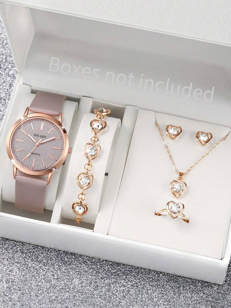 Women's Fashion Elegant Minimalist Matte Dial Analog Quartz Wrist Watch + Jewellery Set (6pcs/Set), Excluding Watch Box - Grey - View 1