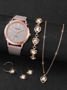 Women's Fashion Elegant Minimalist Matte Dial Analog Quartz Wrist Watch + Jewellery Set (6pcs/Set), Excluding Watch Box - Grey - View 3