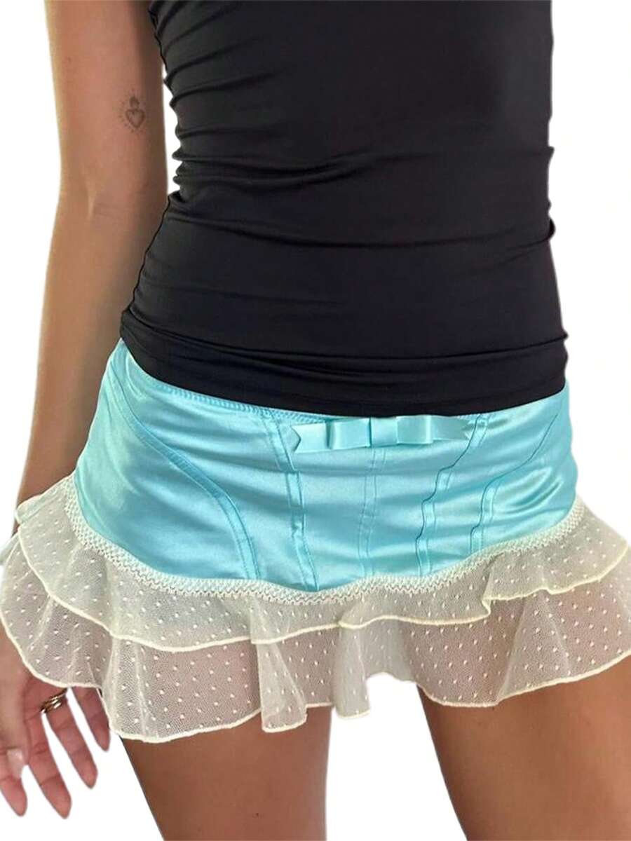 Women's Ruffle Mini Skirts Casual Low Waist Bow Front A-Line Skirts Cute Summer Skirts - 藍色 - 查看 1