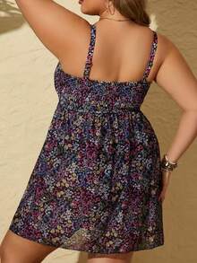 New Plus Size Women Printed Mesh Tankini Swimwear - Black Flower - View 5