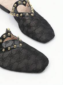 Grün & Gold dekorativer Knopf quadratische Zehenkappe flacher Absatz Slip-On Mules für Frauen, atmungsaktive geschlossene Zehenkappe rückenfreie Slides, Spitzennetzstoff für Kleider, flache ausgestellte Sandalen für den Sommer - Schwarz - Übersicht 6