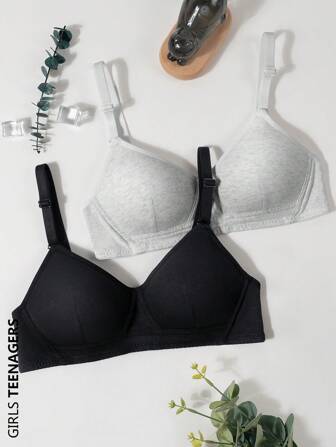 2pcs/Set Girls' Solid Color Triangle Cup Bras, Comfortable & Minimalist Teen Underwear, Suitable For Girls Aged 13-16
