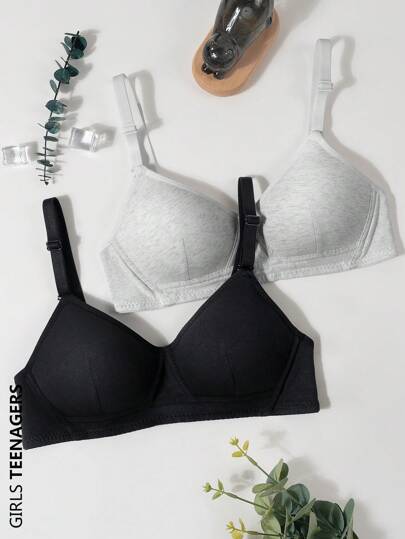 2pcs/Set Girls' Solid Color Triangle Cup Bras, Comfortable & Minimalist Teen Underwear, Suitable For Girls Aged 13-16