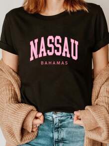 100% Cotton Casual Tshirt Nassau Bahamas Preppy Retro Throwback Pink Womens Souvenir T-Shirt - Black - View 1