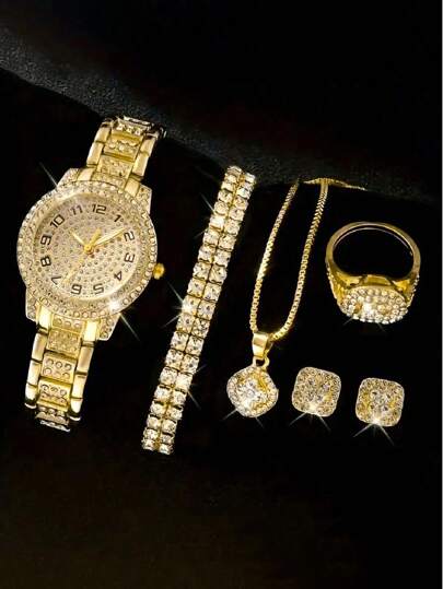 1 件时尚水钻罗马数字学生金色石英表适合初中和高中学生女孩石英表 5 件奢华经典犀牛水钻爱心戒指手链项链耳环珠宝首饰套装送给女孩最优质精致的毕业季礼物