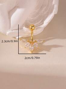 1pc 18K Stainless Steel 5-Petal Flower Zirconia Navel Piercing Ring, Elegant Design Suitable For Women's Everyday Wear - Gold - View 4