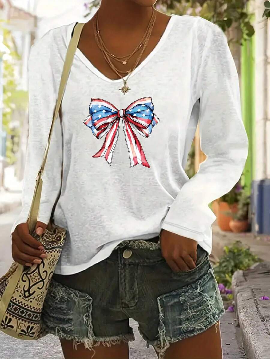 Cartoon National Flag Bow Pattern Ladies' Casual V-Neck Long Sleeved T-Shirt With Printed Pattern - Stretchy Polyester Blend, Machine Washable - Perfect Choice For Autumn And Winter Seasons - White - View 1