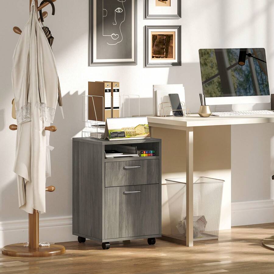 HOMCOM 60cm Filing Cabinet With Drawer, Open Shelf, Metal Handles And 4 Wheels, Office Home Organiser Mobile Printer, Grey - Grey - View 1