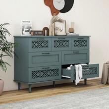 7 Drawers Dresser For Bedroom - Accent Dresser With Hollow Carved Drawers, Wood Chest Of Drawers, Wide Dressers With Drawer For Living Room, Dining Room, Hallway (Green)