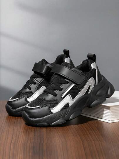 1 par de zapatos deportivos para niños, con parte superior de tela, para uso en interiores/exteriores, zapatos casuales para correr, fáciles de usar, ligeros, antideslizantes, transpirables, cómodos, nuevo estilo de moda campus para niños/niñas con zapatillas gruesas